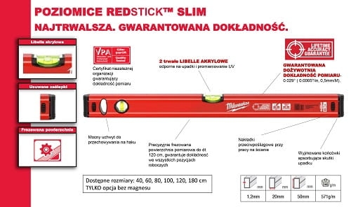 POZIOMNICA SLIM 180cm CZERWONA MILWAUKEE-20985