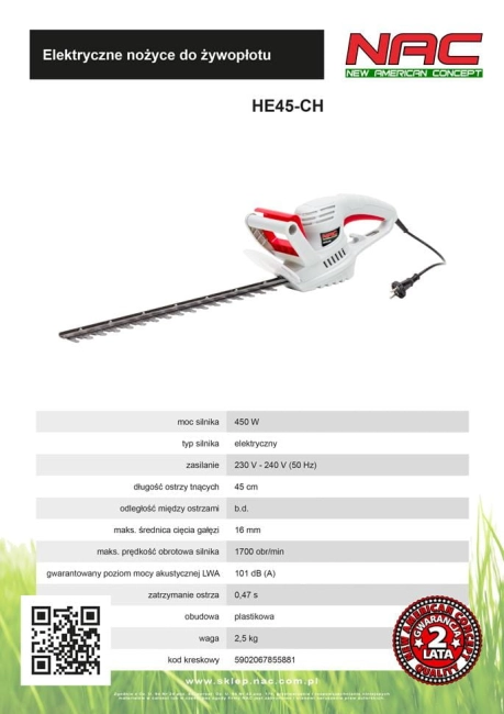 NAC NOŻYCE DO ŻYWOPŁOTU 450W HE45-CH-8656