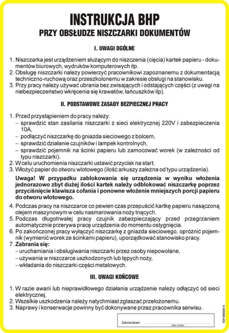 ZNAK "INSTRUKCJA BHP PRZY OBSŁUDZE NISZCZARKI"-33535